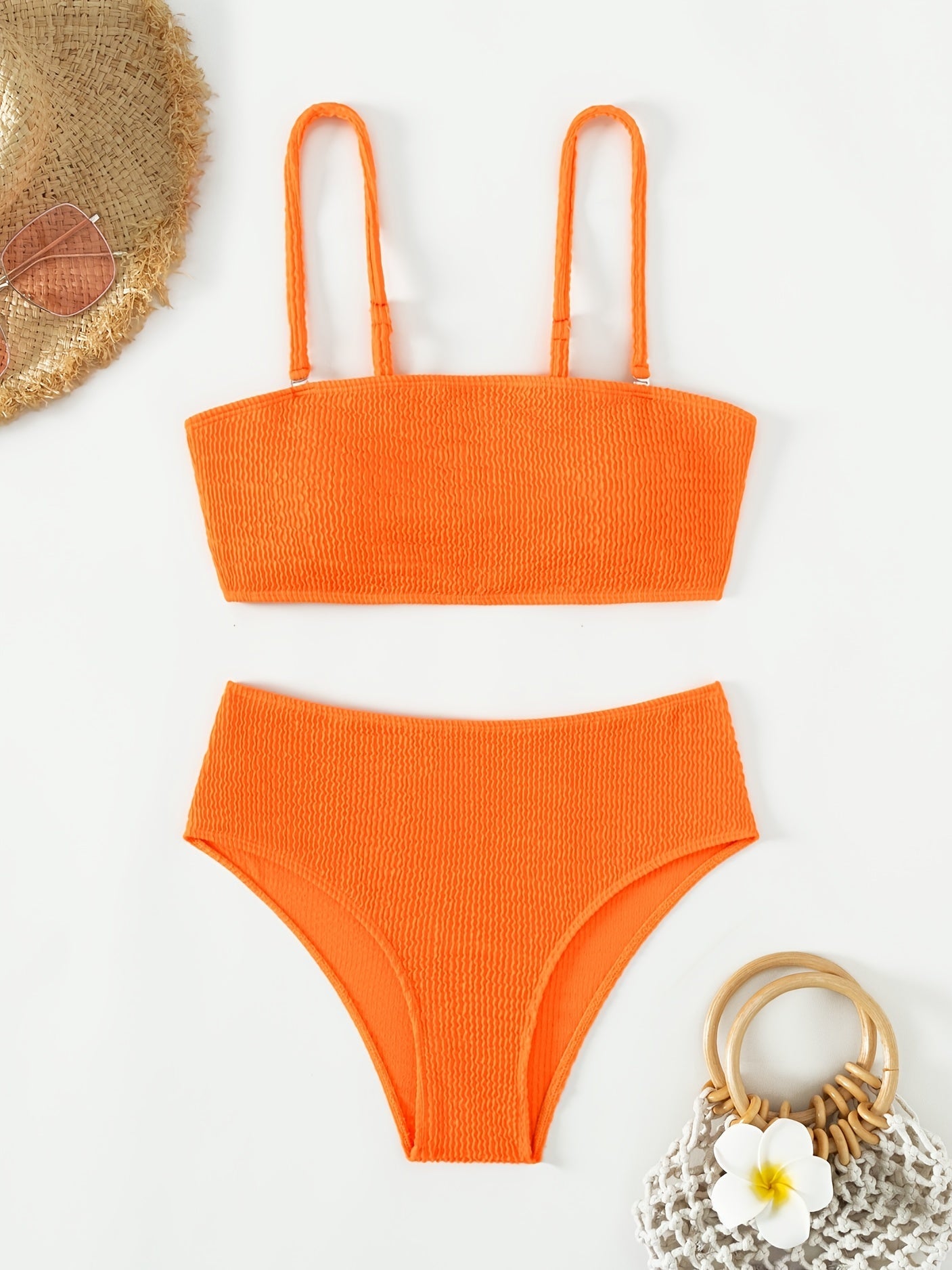 Women's Tangerine Red Rib Knit Spaghetti Straps Bikini