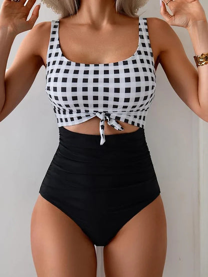 Women's Striped Cutout Tummy Control One-Piece Swimsuit