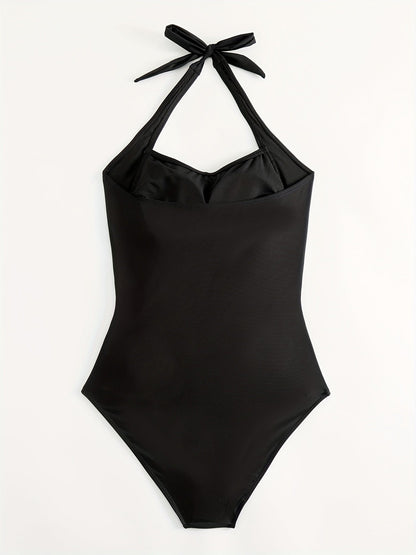 Women's Ruched Halter Backless One Piece Swimsuit, Black Tie Neck