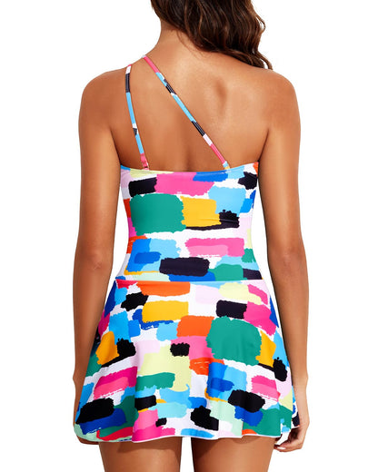 Women's One Piece Swim Dress One Shoulder Swimsuit with Skirt Tummy