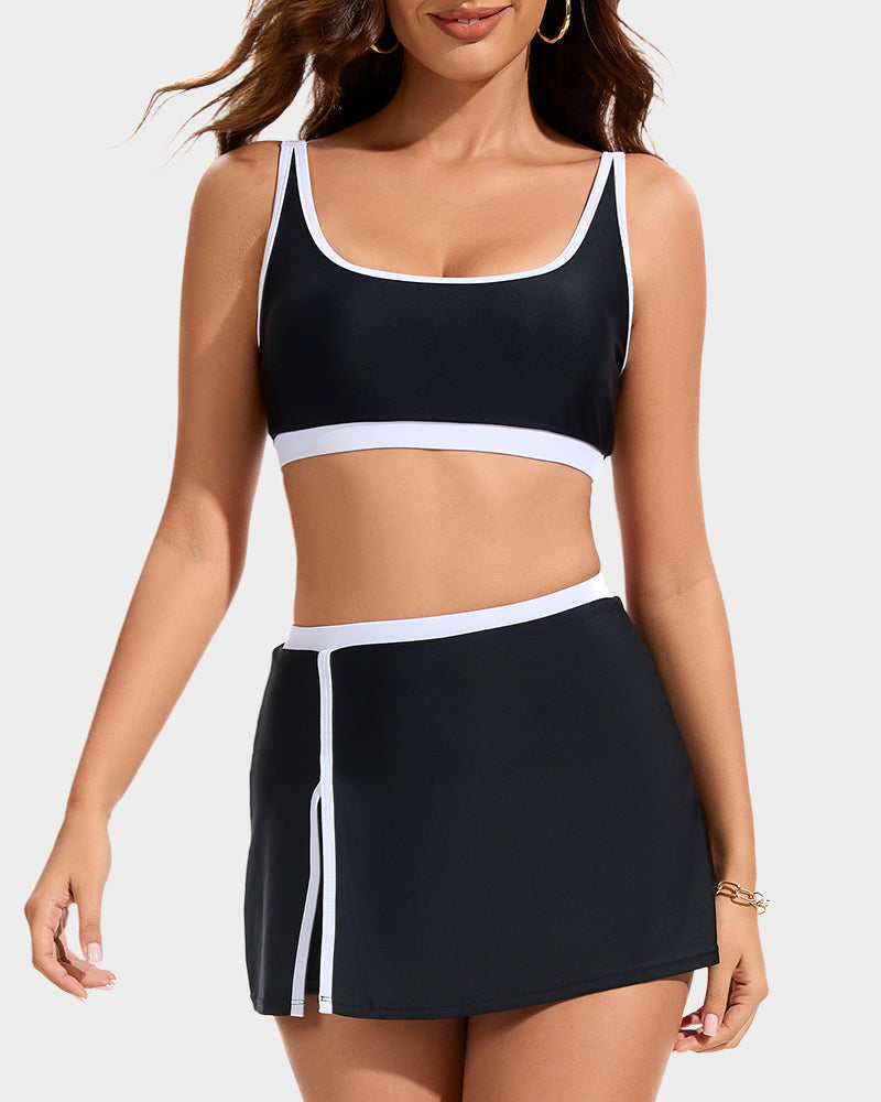 Women's Sporty Color Block Side Slit Skirted Bikini Set