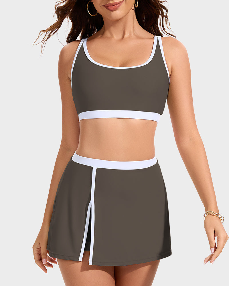 Women's Sporty Color Block Side Slit Skirted Bikini Set