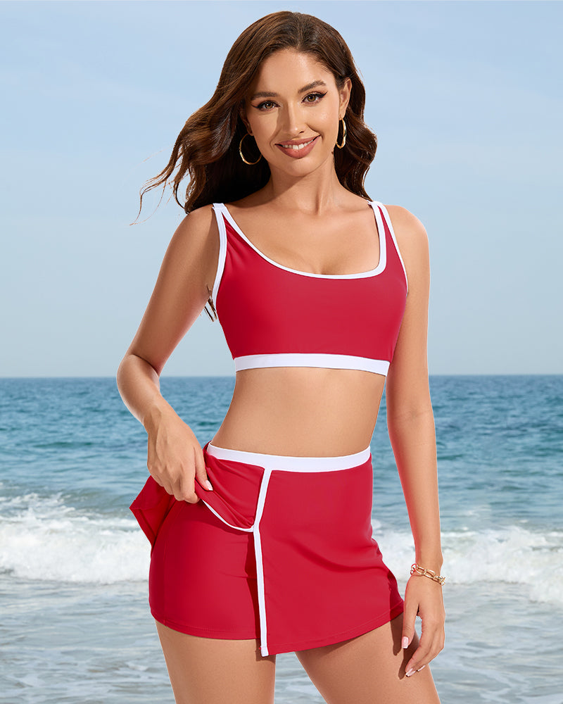 Women's Sporty Color Block Side Slit Skirted Bikini Set